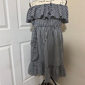 J.Crew Navy and White Gingham Strapless Dress Ruffle Detail size XL Preppy Cute